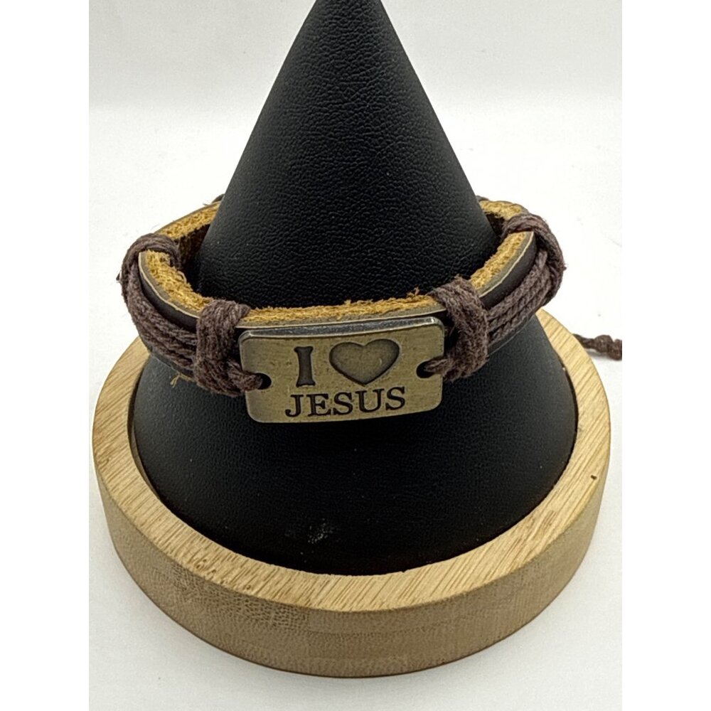 Vintage Brown Leather I Love Jesus Bracelet Religious Christian Faith Jewelry